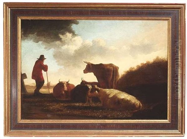 Weite Hollandische Flusslandschaft Mit Ruhenden Kuhen Und Einem Hirten. Sommerliche Abendstimmung Oil Painting by Aelbert Cuyp