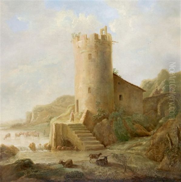 Gebirgige Flusslandschaft Mit Einem Turm, Einer Herde Mit Hirt Und Einem Reiter Auf Einer Steinernen Brucke Oil Painting by Aelbert Cuyp