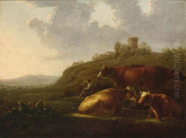 A Hilly Landscape With A Shepherdess Resting With Her Cattle, A View Of A Town Beyond Oil Painting by Aelbert Cuyp