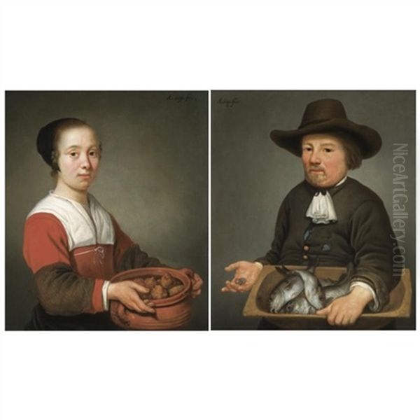 A Young Maid Holding A Terracotta Bowl Full Of Dumplings (+ A Fishmonger Holding A Basin Full Of River Fish And Holding A Handful Of Coins In His Right Hand; Pair) Oil Painting by Aelbert Cuyp