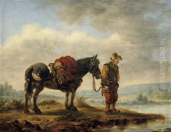 Am Flusufer. Junger Reisender Mit Seinem Pferd An Einer Furt Oil Painting by Aelbert Cuyp