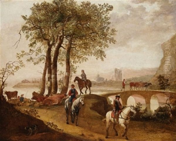 Reiter Auf Einer Brucke, Im Hintergrund Eine Stadt Oil Painting by Aelbert Cuyp