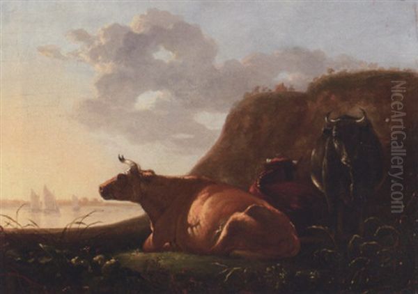 A Pastoral Landscape With Cattle Resting, A River Beyond Oil Painting by Aelbert Cuyp