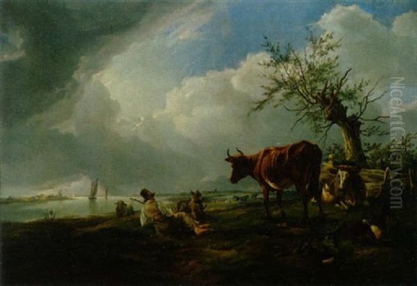 A Dutch Bucolic Lanscape Oil Painting by Aelbert Cuyp