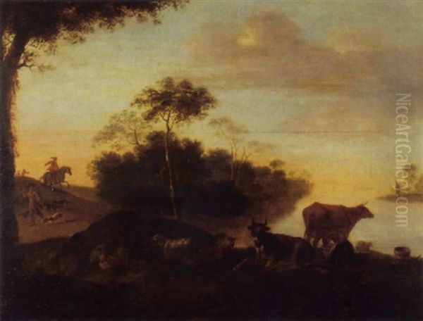 Flusslandschaft Mit Melkerin Und Vieh, Eine Jagdgesellschaft Im Mittelgrund Oil Painting by Aelbert Cuyp