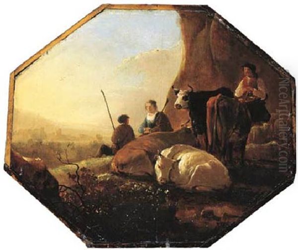 An Italianate Landscape With Peasants And Cattle In A Meadow Beneath A Cliff, A Town In The Distance by Aelbert Cuyp