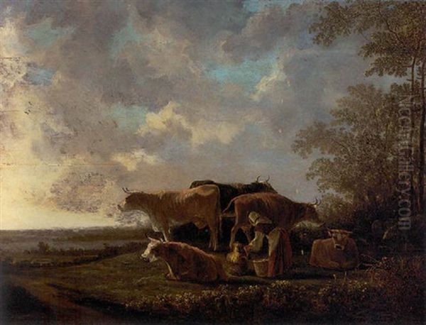 A Pastoral Landscape With Cattle And A Milkmaid Oil Painting by Aelbert Cuyp