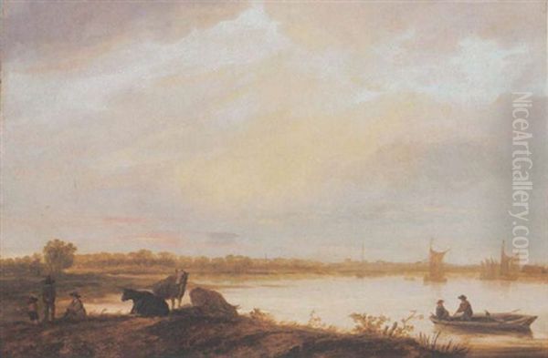 An Extensive River Landscape With Fishermen In A Boat, And Cows And Three Boys Standing On The Land Oil Painting by Aelbert Cuyp