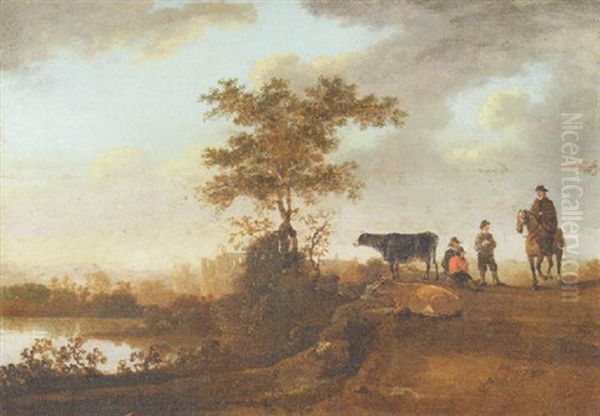 A River Landscape With A Gentleman On Horseback And Cows On A Track Oil Painting by Aelbert Cuyp