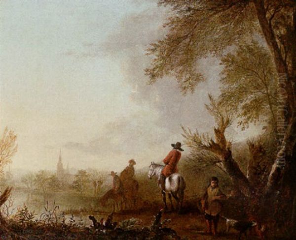 An Evening Landscape With Horsemen And A Boy With His Dogs By The Edge Of A River, A Windmill And A Church Spire In The Distance Oil Painting by Aelbert Cuyp