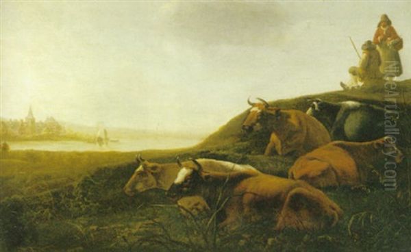 Vilande Kor I Landskap Vid Vatten Oil Painting by Aelbert Cuyp