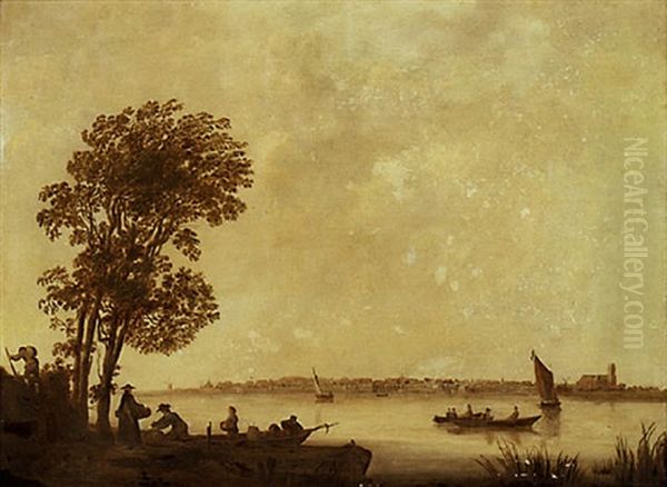 A River Landscape With Peasants Unloading A Barge, Dordrecht Beyond Oil Painting by Aelbert Cuyp