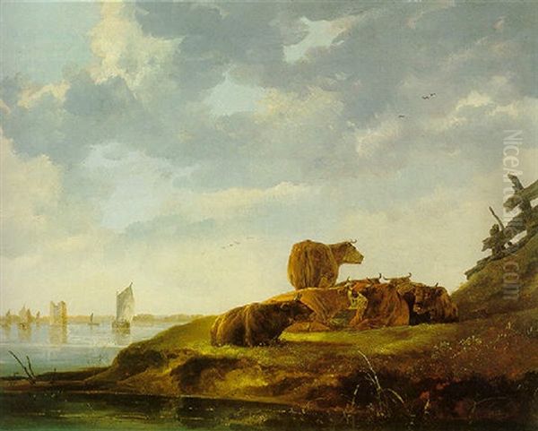 A River Landscape With Seven Cows And A Distant View Of The Tower Of Mervede Oil Painting by Aelbert Cuyp