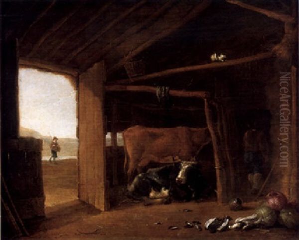 Zwei Kuhe In Einem Stall, Rechts Ein Mann, Der Futter Holt, Links Ein Bauer Mit Korb Oil Painting by Aelbert Cuyp