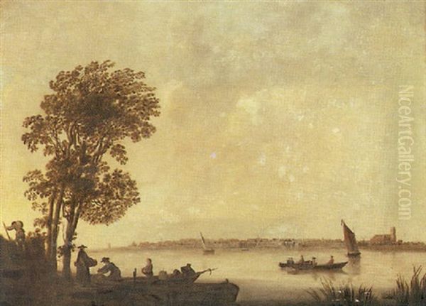 A River Landscape With Peasants Unloading A Barge, Dordrecht Beyond Oil Painting by Aelbert Cuyp