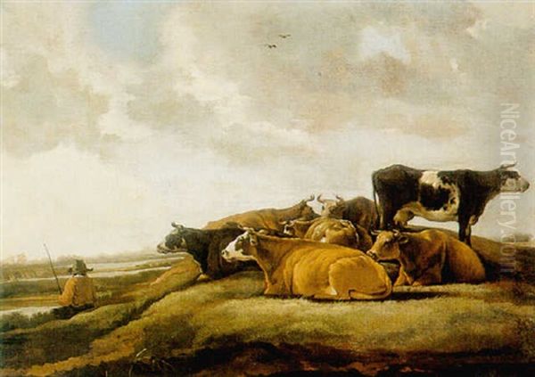 Cows In A River Landscape Oil Painting by Aelbert Cuyp