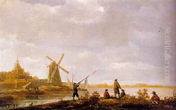 A View Of The Rietdijkspoort, Dordrecht, With Sportsmen In The Foreground Oil Painting by Aelbert Cuyp