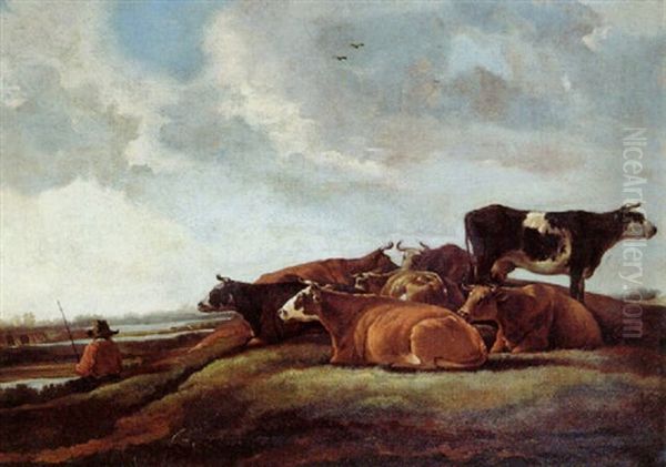 A Cowherd And Cattle Resting In A Meadow By A River Oil Painting by Aelbert Cuyp