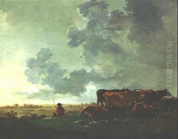 A Herdsman Seated On The Far Bank Of A Hillock With Six Cows In An Extensive Landscape Beyond Oil Painting by Aelbert Cuyp