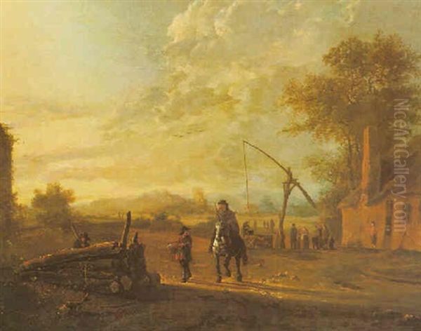 Landscape With A Horseman And Other Figures Beside A Well Oil Painting by Aelbert Cuyp