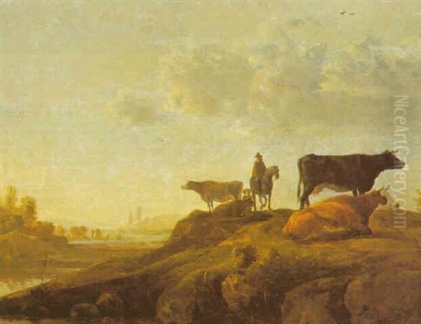 Landscape With Cattle And A Rider On The Bank Of A Stream Oil Painting by Aelbert Cuyp