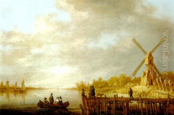 A River Landscape With A Windmill, Gentlefolk In A Rowing Boat Oil Painting by Aelbert Cuyp