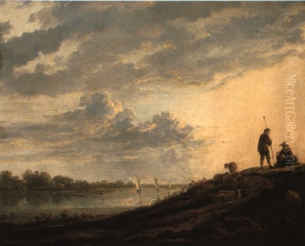 A River Landscape With Shepherds And Sheep On A Track Oil Painting by Aelbert Cuyp