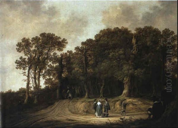 Gentlemen And A Lady On A Track At The Edge Of A Wood With An Artist Oil Painting by Aelbert Cuyp