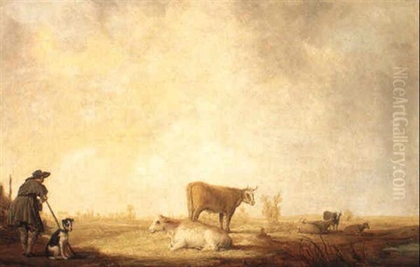 A Cowherd Leaning On His Stick Standing With His Dog By A Fence Oil Painting by Aelbert Cuyp