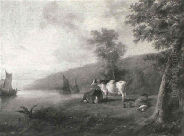 River Landscape With Cows And A Shepherd Resting On A Bank Oil Painting by Aelbert Cuyp