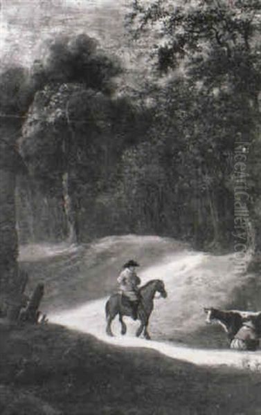 A Horseman And A Maid Milking A Cow On A Wooded Track Oil Painting by Aelbert Cuyp