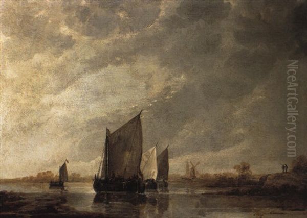 Barges Close-hauled In Light Airs On A River by Aelbert Cuyp