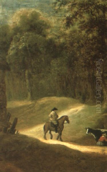 A Horseman On A Wooded Track Near A Milkmaid And A Cow Oil Painting by Aelbert Cuyp