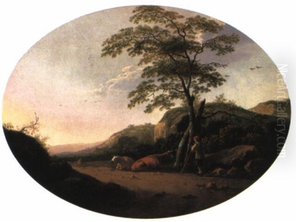 Paysage Vallonne Avec Un Paysan Gardant Deux Vaches, Au Coucher Du Soleil by Aelbert Cuyp