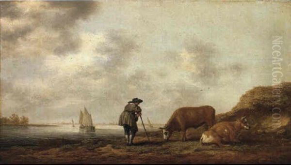 Cowherd Leaning On A Stick Herding A Bull And Cow By A River Bank Oil Painting by Aelbert Cuyp