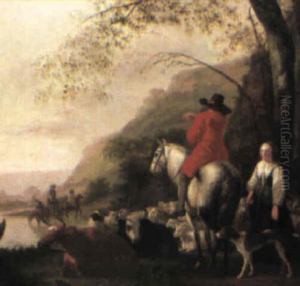 Gentleman On Horsebak And Shepherdess In A Landscape Oil Painting by Aelbert Cuyp