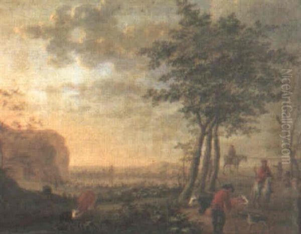 Landscape With Riders And Drover On A Path Oil Painting by Aelbert Cuyp