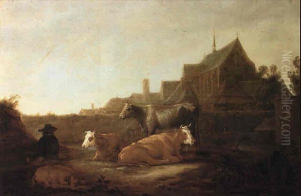 Herdsman And Cows In A Field With The Duitsche Huis And Mariakerk Oil Painting by Aelbert Cuyp