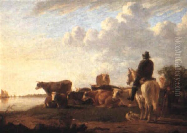 Landscape With Cattle And Figures Beside A River Oil Painting by Aelbert Cuyp