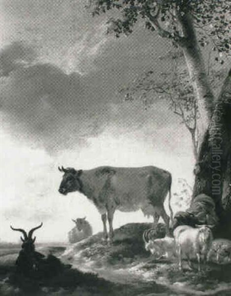 A Drover With A Cow, Sheep And Goats On A Track by Aelbert Cuyp