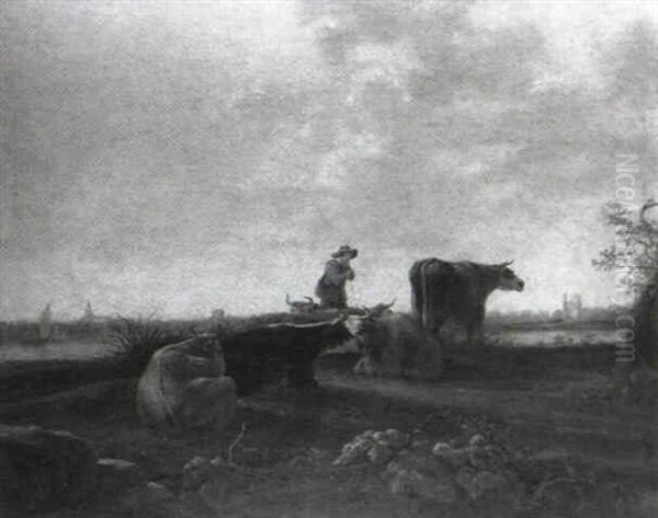 A Drover With Cattle On The Banks Of A River Oil Painting by Aelbert Cuyp