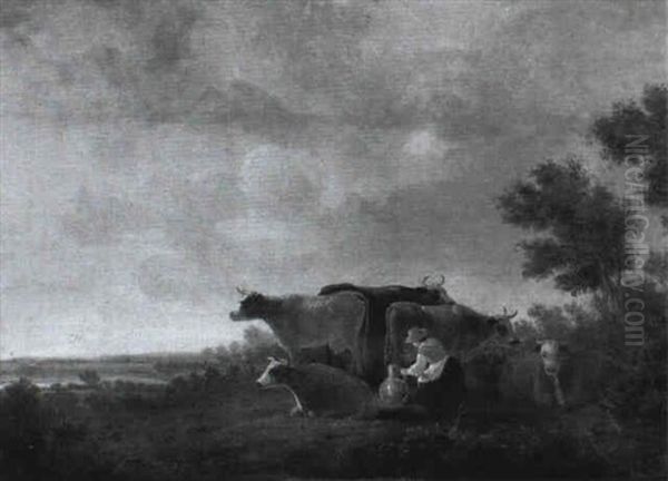 Aftenstemning Med Koer Der Malkes Oil Painting by Aelbert Cuyp