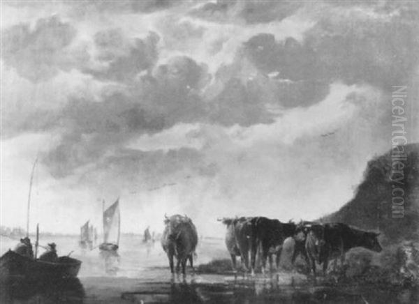 Anglers In A Boat And Cattle Watering Beside An Estuary Oil Painting by Aelbert Cuyp