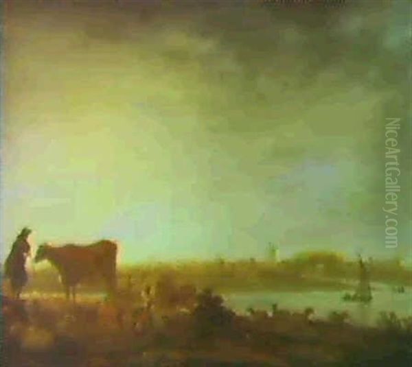 A Distant View Of Vianen With Cattle And A Herdsman In The  Foreground Oil Painting by Aelbert Cuyp