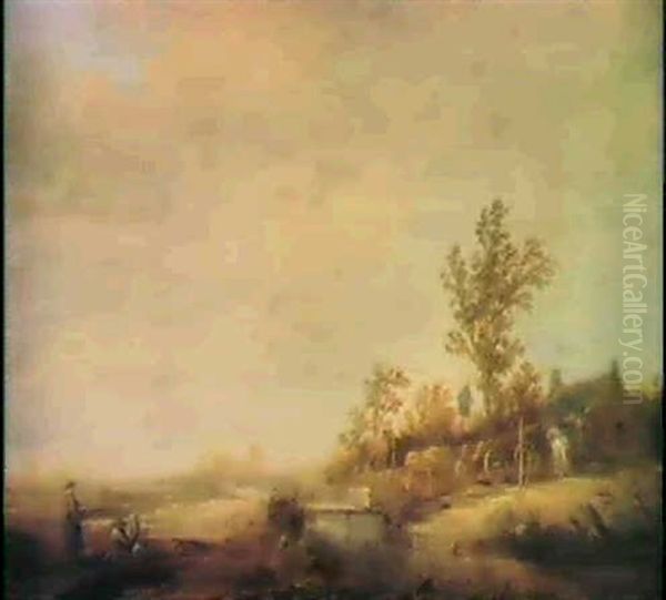 A Landscape With A White Horseand Cart By A Farmhouse,      Figures In The Foreground Oil Painting by Aelbert Cuyp