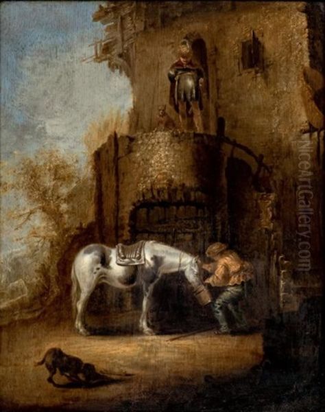 Personnages Devant Une Ecurie Oil Painting by Benjamin Gerritsz Cuyp