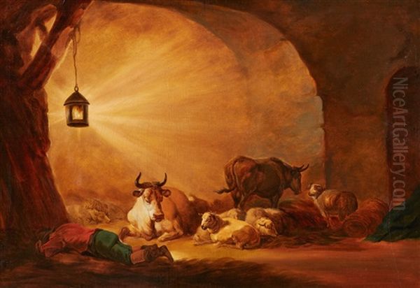 Barn Interior With A Sleeping Shepherd by Benjamin Gerritsz Cuyp