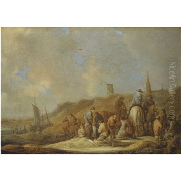 A Coastal Scene With Fishermen And Their Catch In The Sand Dunes Oil Painting by Benjamin Gerritsz Cuyp