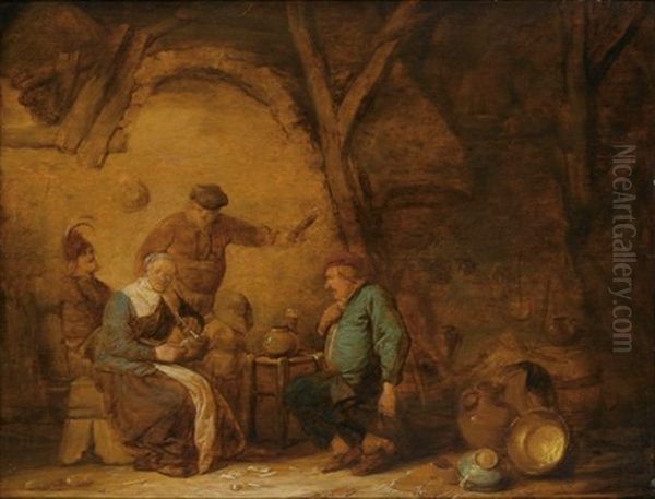 Peasants Smoking And Drinking In An Inn, A Still Life Of Earthenware Pots And A Copper Bowl To The Right Oil Painting by Benjamin Gerritsz Cuyp