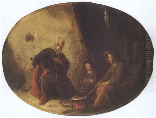 A Kitchen Interior With Two Men And A Young Boy Preparing Food Oil Painting by Benjamin Gerritsz Cuyp